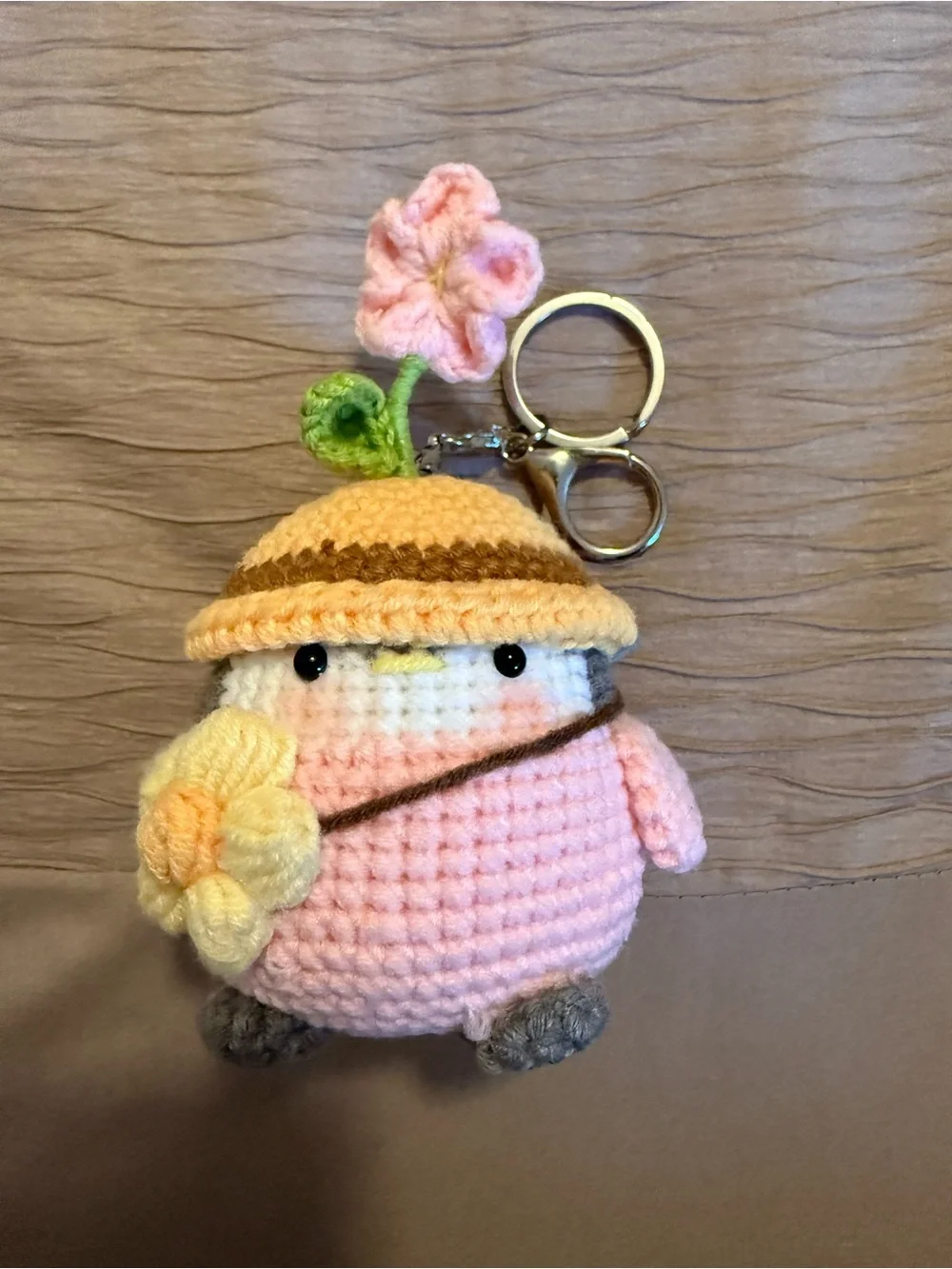 Handmade Pink Crochet Chick Keychain with Flower Hat